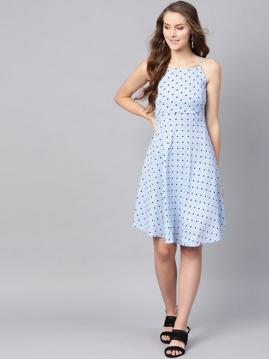 Women's Blue Dot Strappy Fit & Flare Dress