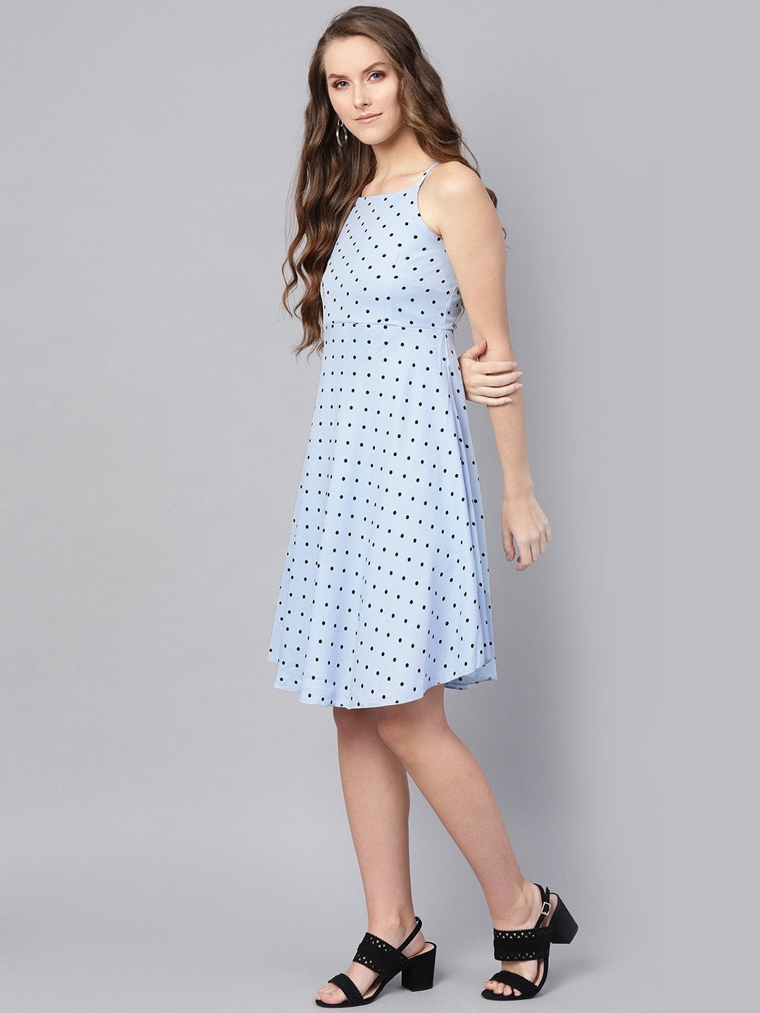 Women's Blue Dot Strappy Fit & Flare Dress