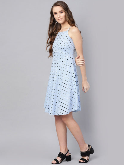 Women's Blue Dot Strappy Fit & Flare Dress