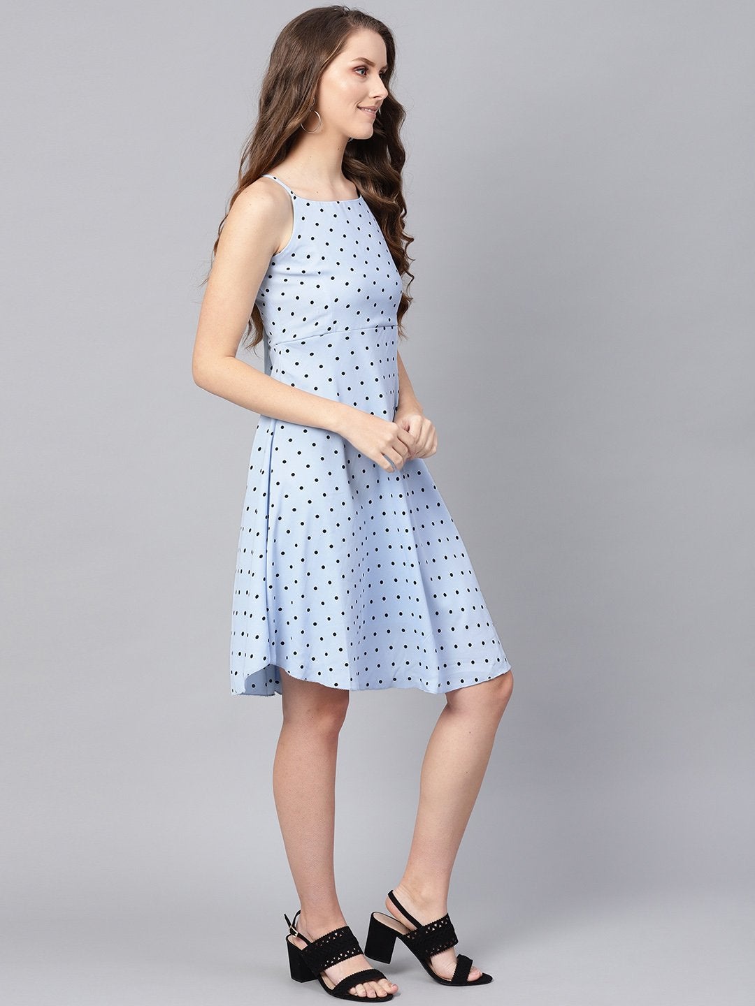 Women's Blue Dot Strappy Fit & Flare Dress