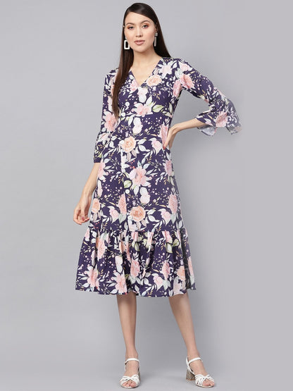 Women's Navy Floral Frill Hem Wrap Dress