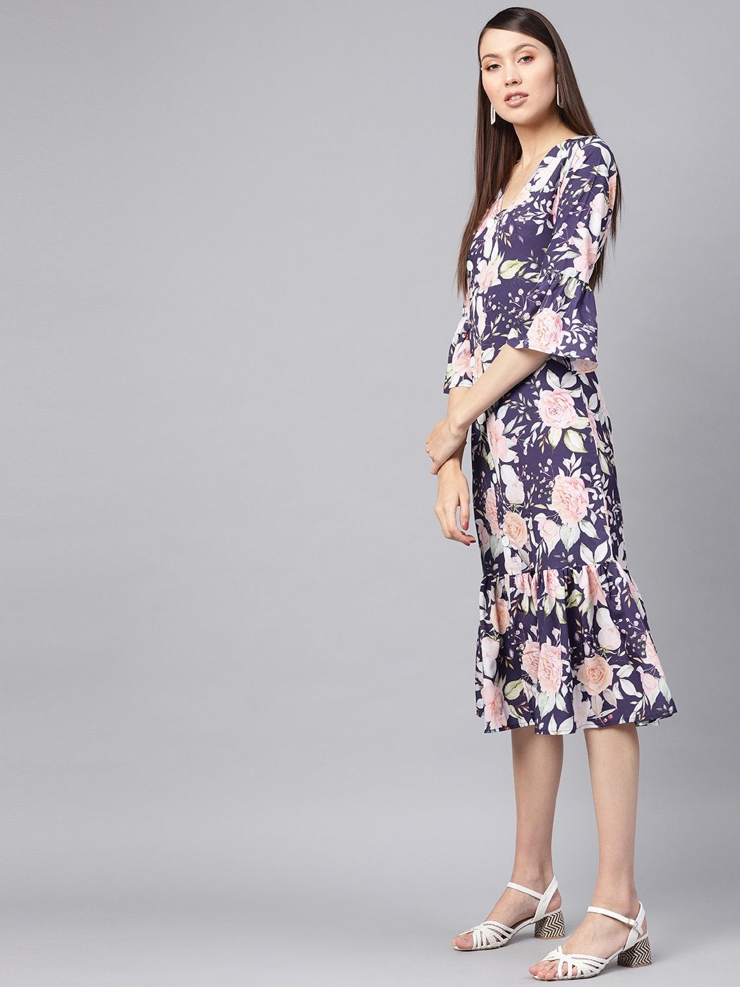Women's Navy Floral Frill Hem Wrap Dress