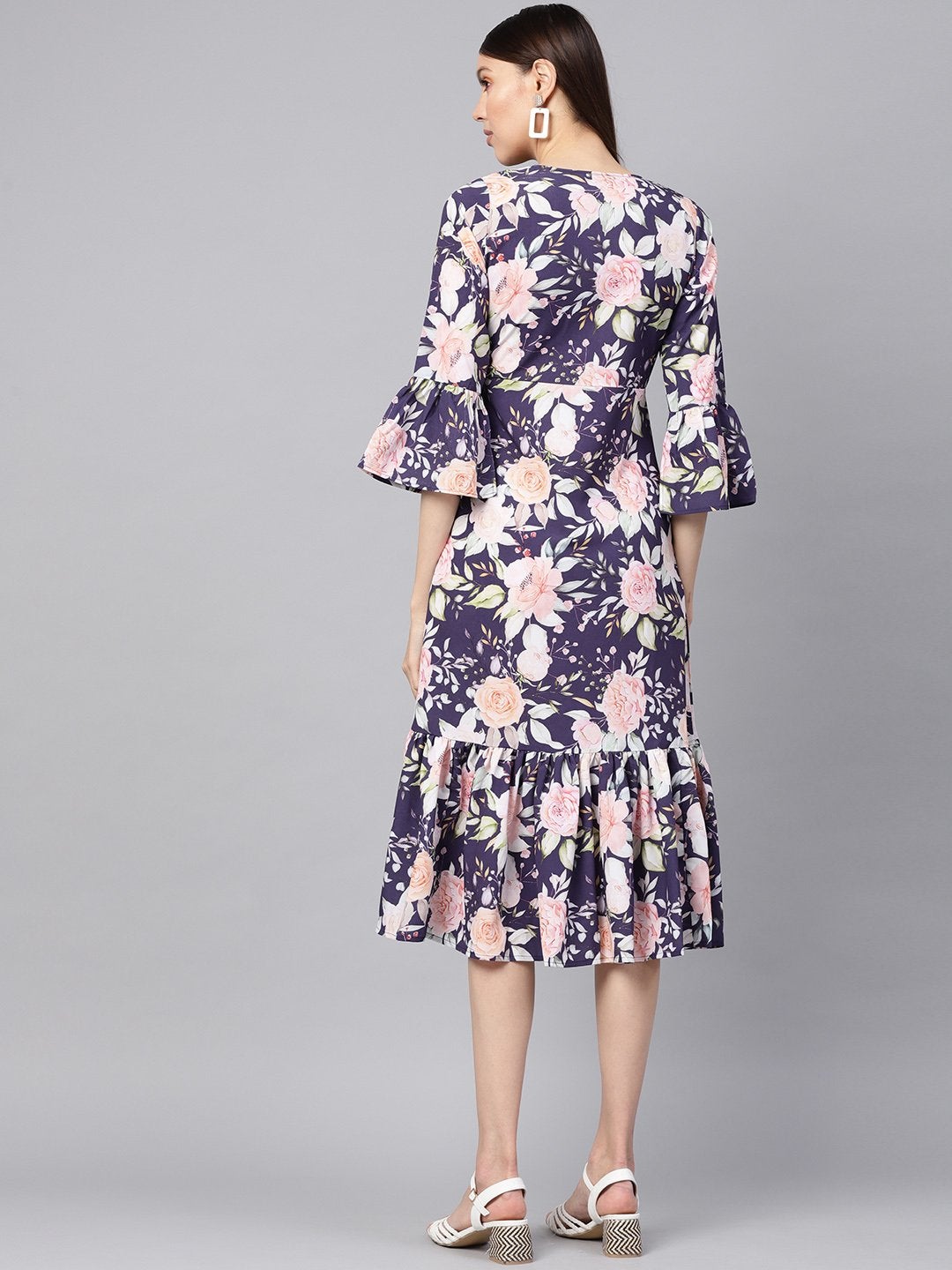 Women's Navy Floral Frill Hem Wrap Dress