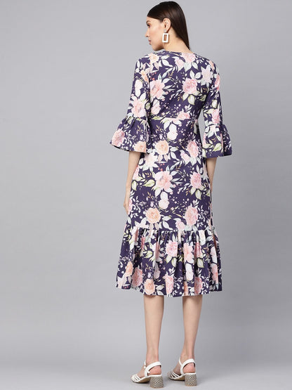 Women's Navy Floral Frill Hem Wrap Dress