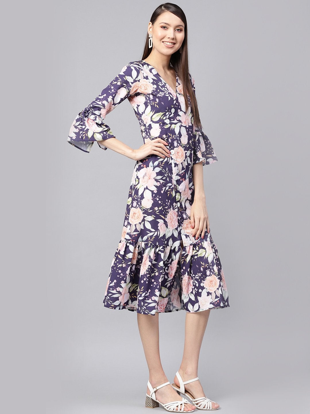 Women's Navy Floral Frill Hem Wrap Dress