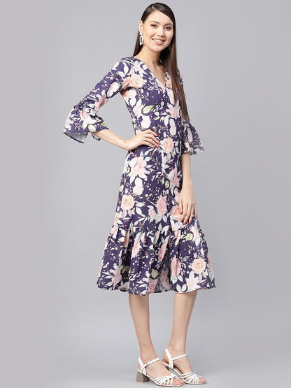 Women's Navy Floral Frill Hem Wrap Dress