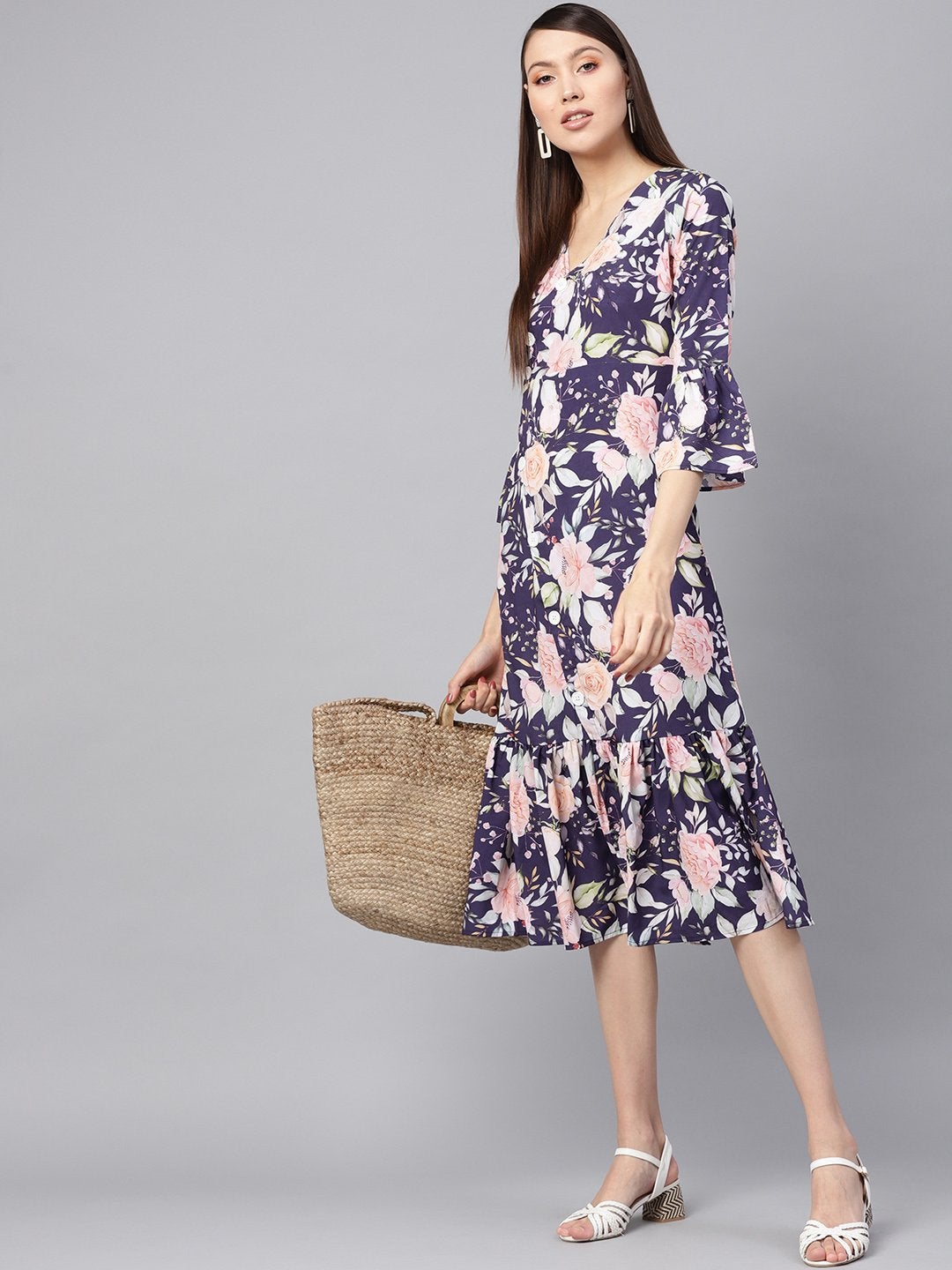 Women's Navy Floral Frill Hem Wrap Dress