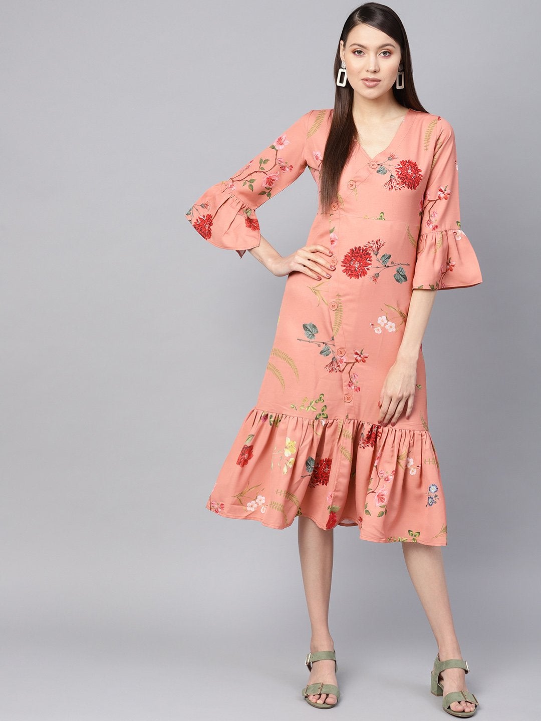 Women's Pink Floral Frill Hem Wrap Dress