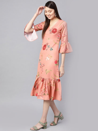 Women's Pink Floral Frill Hem Wrap Dress