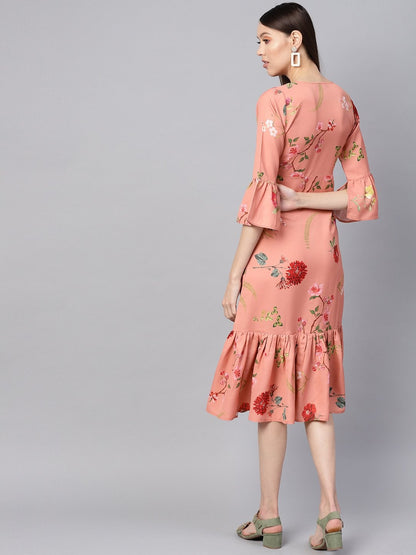 Women's Pink Floral Frill Hem Wrap Dress