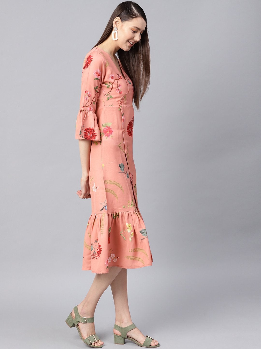 Women's Pink Floral Frill Hem Wrap Dress