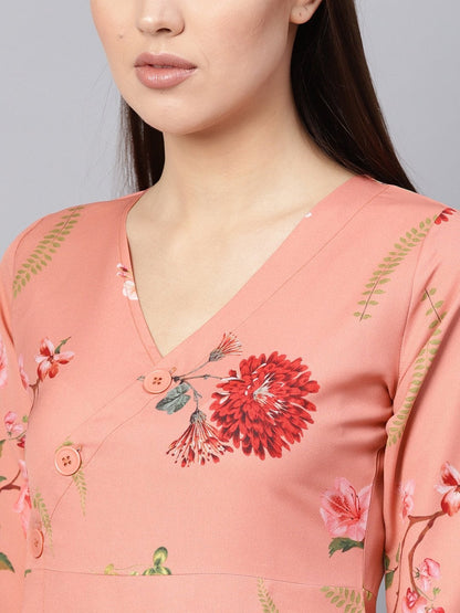 Women's Pink Floral Frill Hem Wrap Dress