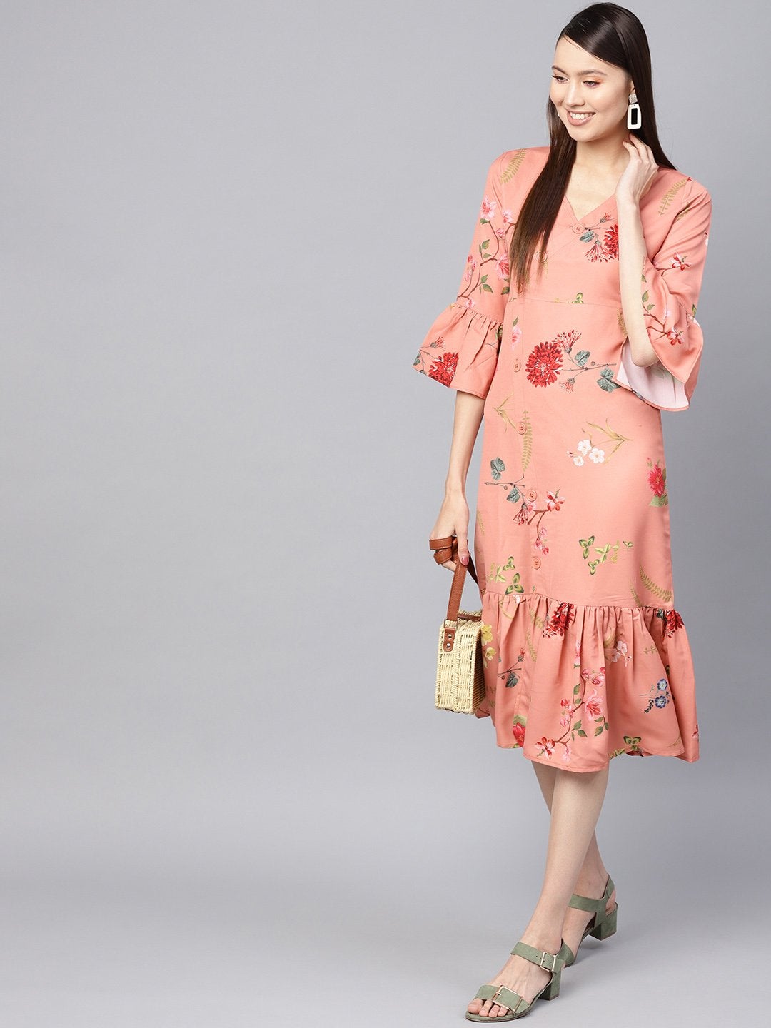 Women's Pink Floral Frill Hem Wrap Dress