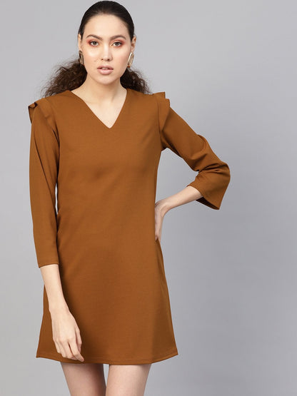 Women's Brown V-Neck Shift Dress