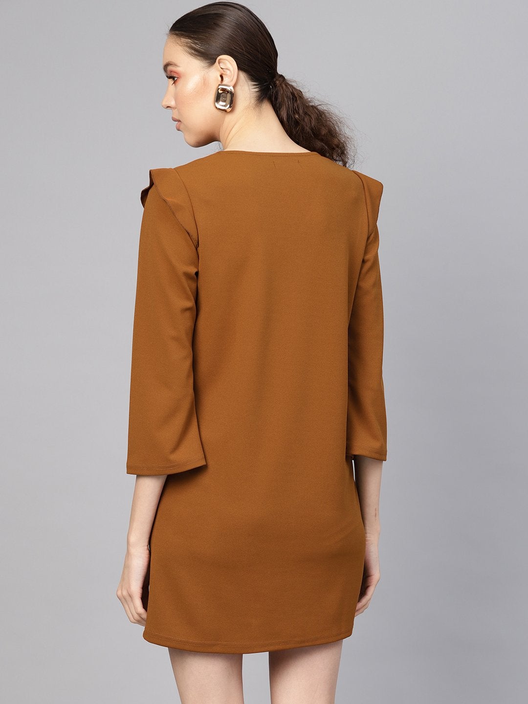 Women's Brown V-Neck Shift Dress