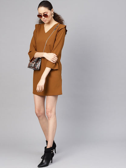 Women's Brown V-Neck Shift Dress