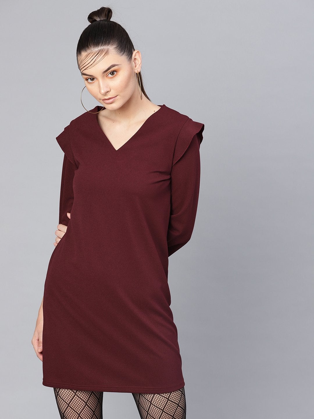 Women's Burgundy V-Neck Shift Dress