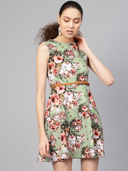 Women's Green Floral Belted Skater Dress