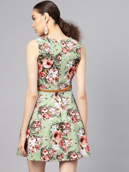 Women's Green Floral Belted Skater Dress