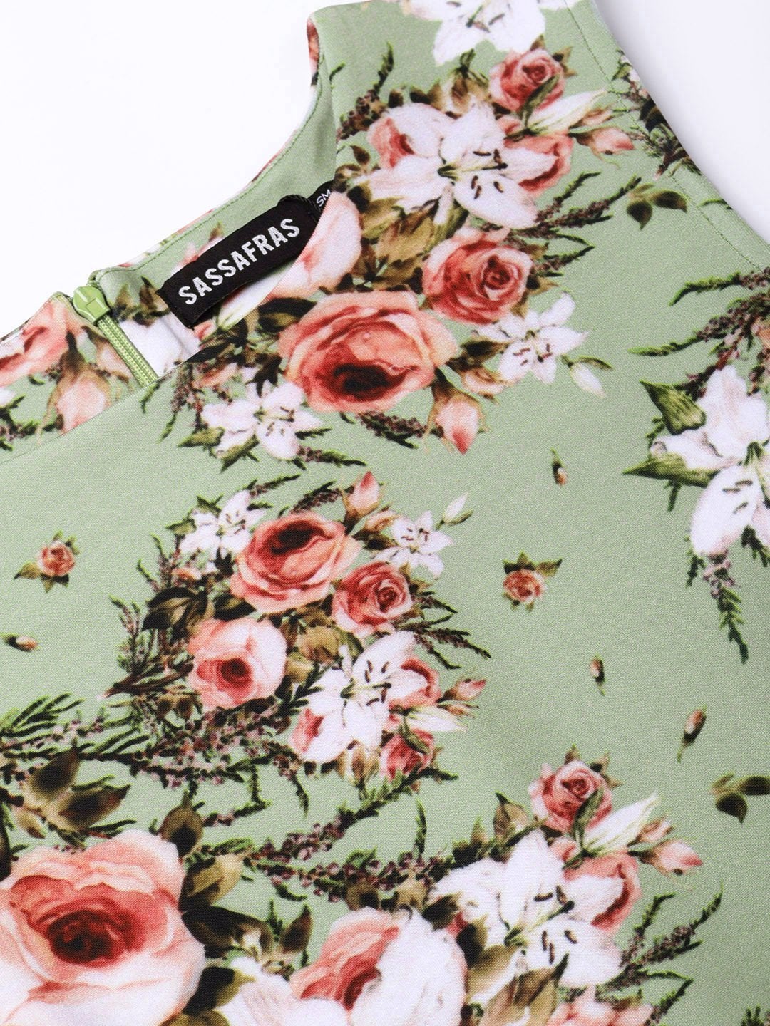 Women's Green Floral Belted Skater Dress