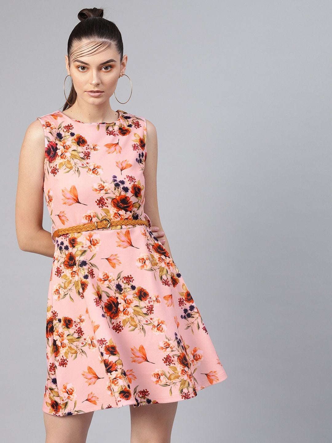 Women's Pink Floral Belted Skater Dress