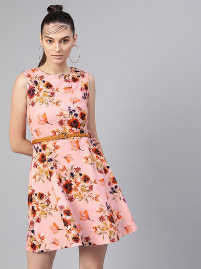 Women's Pink Floral Belted Skater Dress