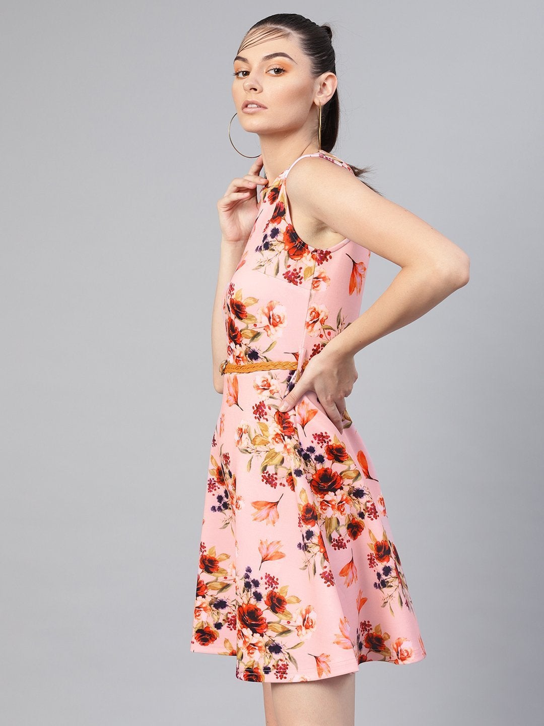 Women's Pink Floral Belted Skater Dress