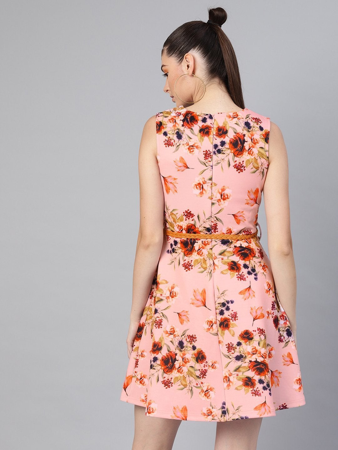 Women's Pink Floral Belted Skater Dress