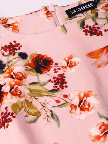 Women's Pink Floral Belted Skater Dress