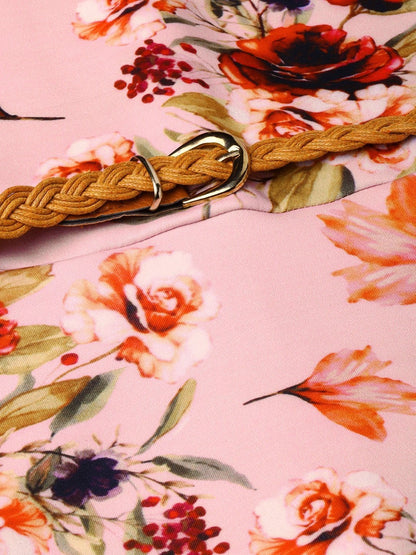 Women's Pink Floral Belted Skater Dress