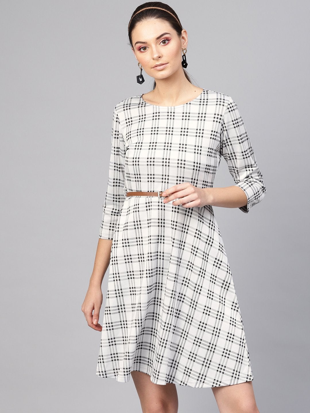 Women's Black & Grey Check Belted Skater Dress