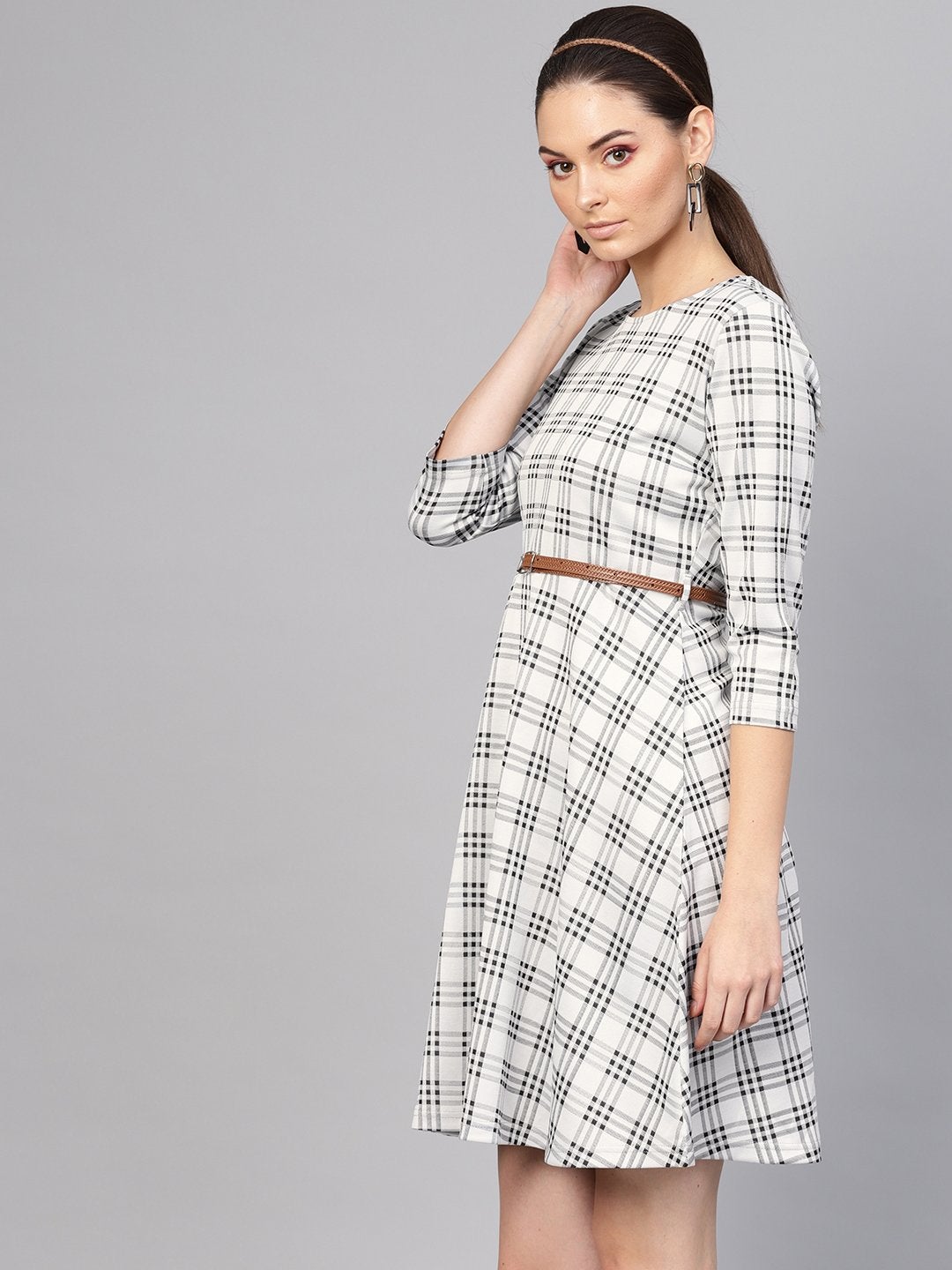 Women's Black & Grey Check Belted Skater Dress