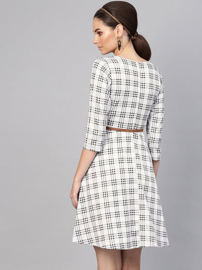 Women's Black & Grey Check Belted Skater Dress