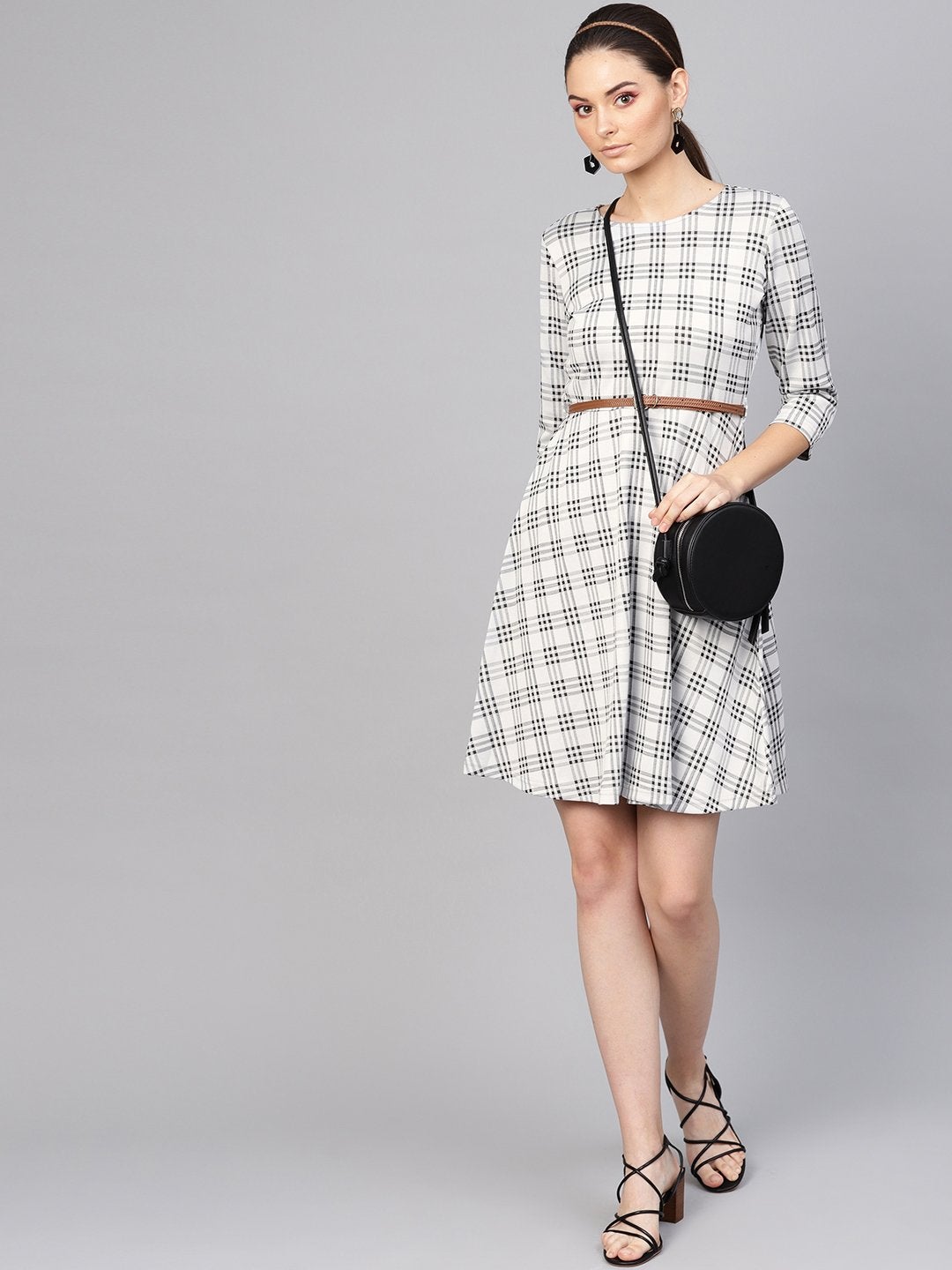 Women's Black & Grey Check Belted Skater Dress