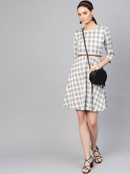Women's Black & Grey Check Belted Skater Dress