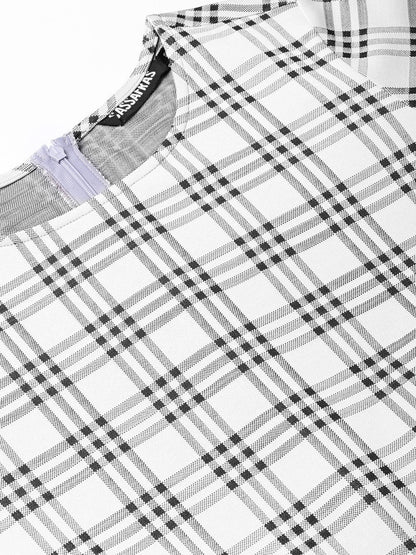 Women's Black & Grey Check Belted Skater Dress