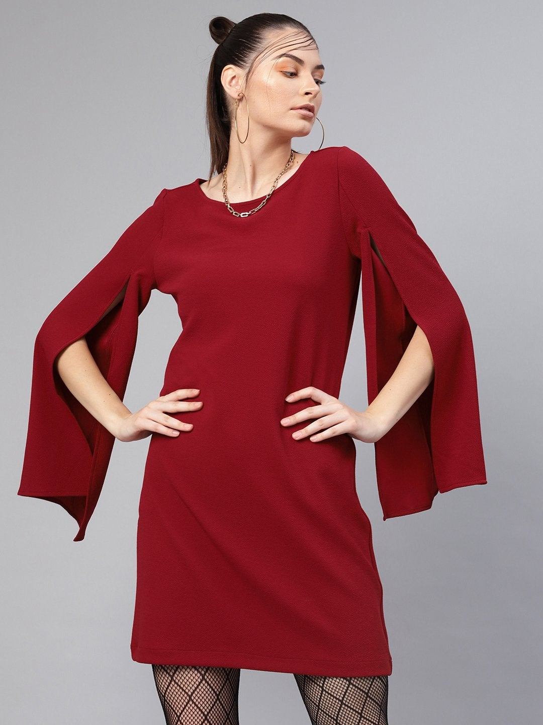 Women's Maroon Cape Sleeves Shift Dress