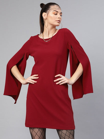 Women's Maroon Cape Sleeves Shift Dress
