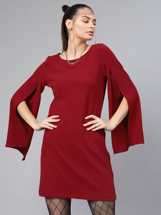 Women's Maroon Cape Sleeves Shift Dress