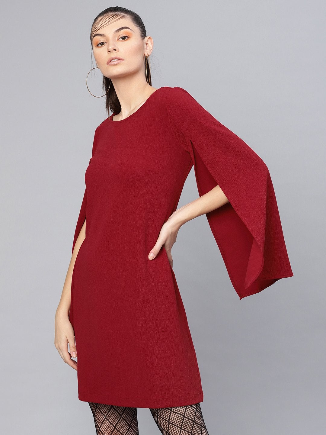 Women's Maroon Cape Sleeves Shift Dress