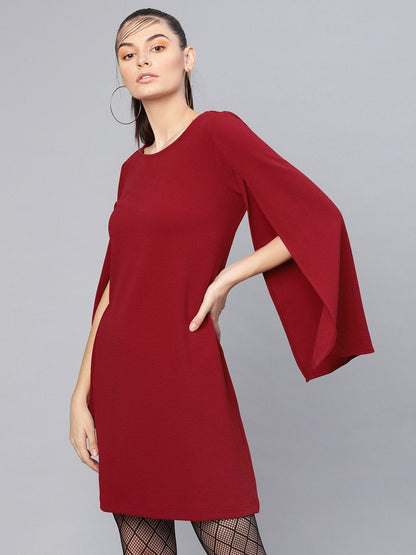 Women's Maroon Cape Sleeves Shift Dress