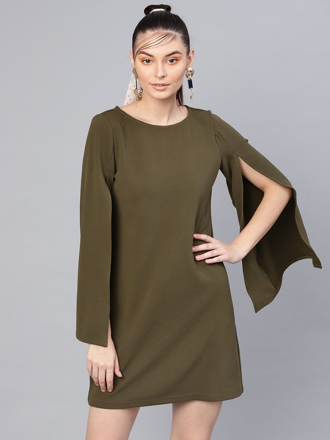 Women's Olive Cape Sleeves Shift Dress