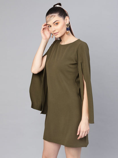 Women's Olive Cape Sleeves Shift Dress