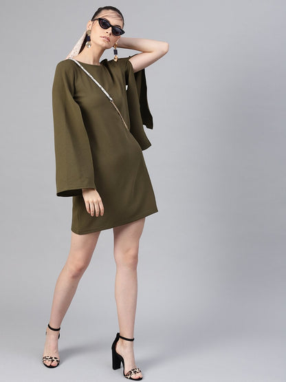 Women's Olive Cape Sleeves Shift Dress