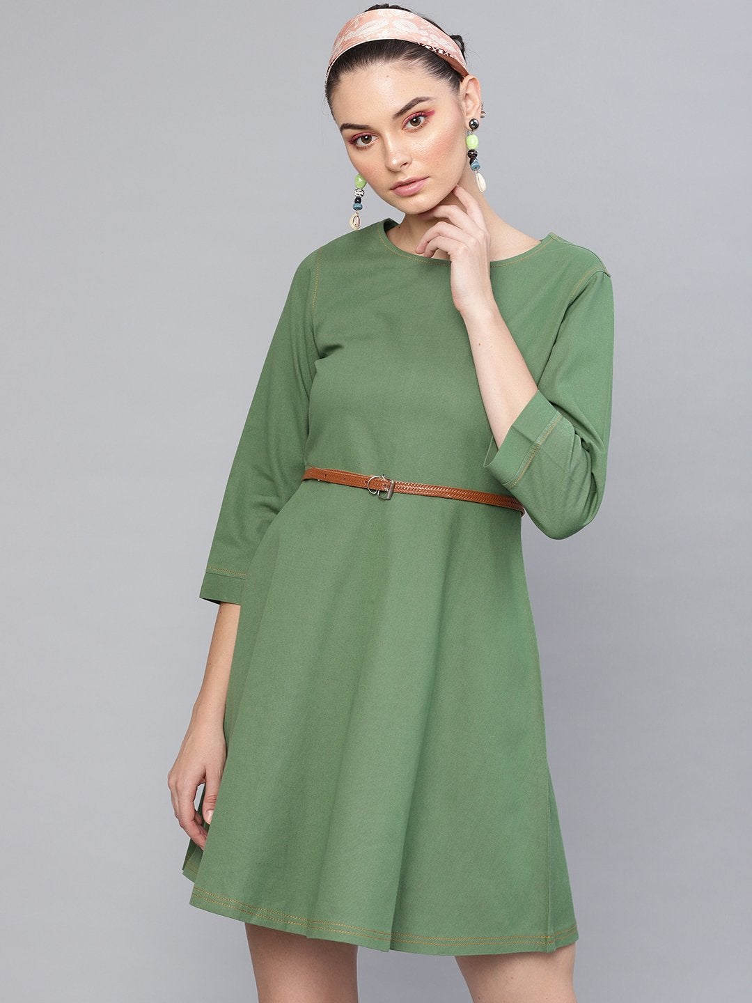 Women's Olive Denim Belted Skater Dress