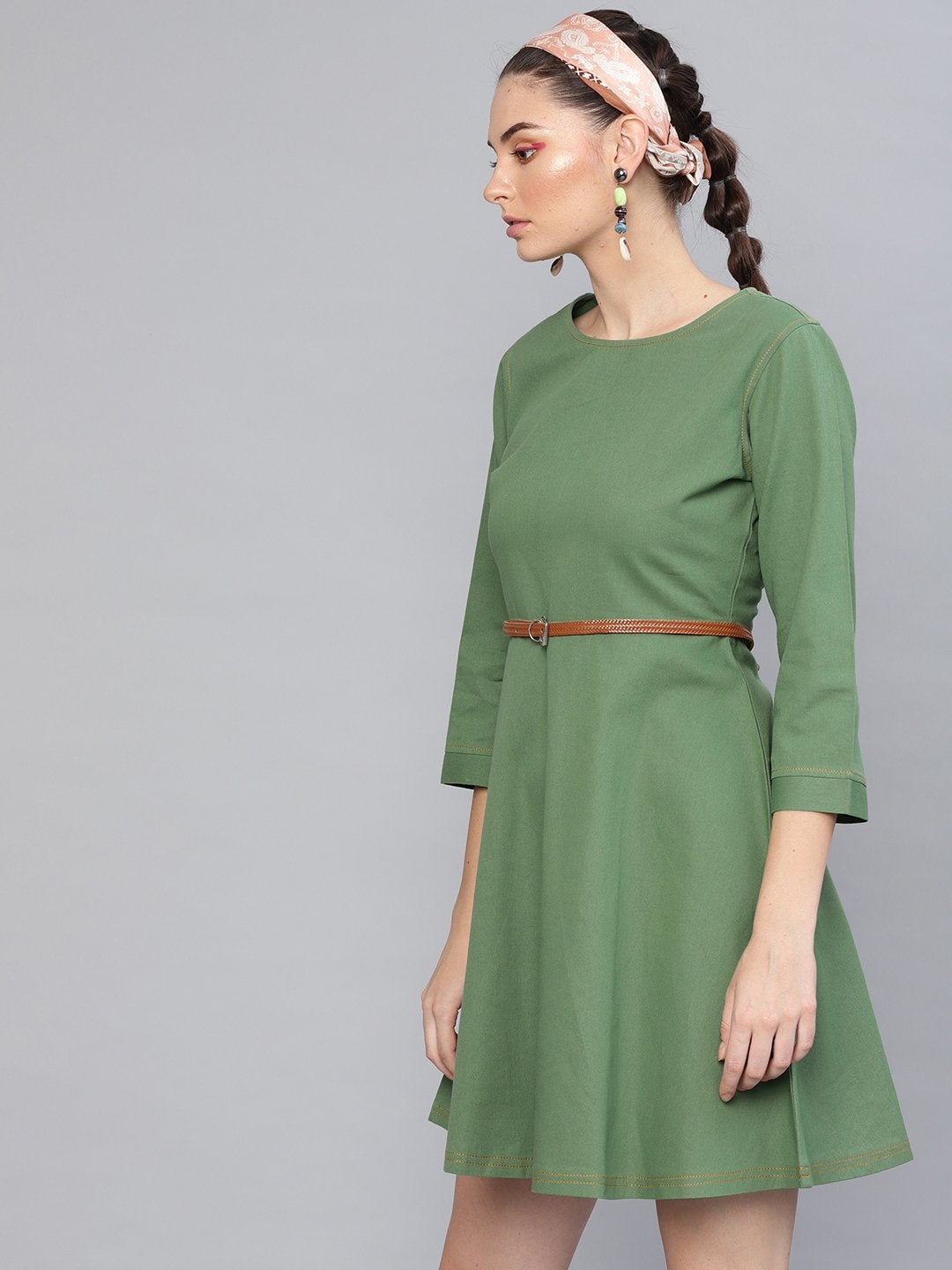 Women's Olive Denim Belted Skater Dress
