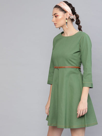 Women's Olive Denim Belted Skater Dress