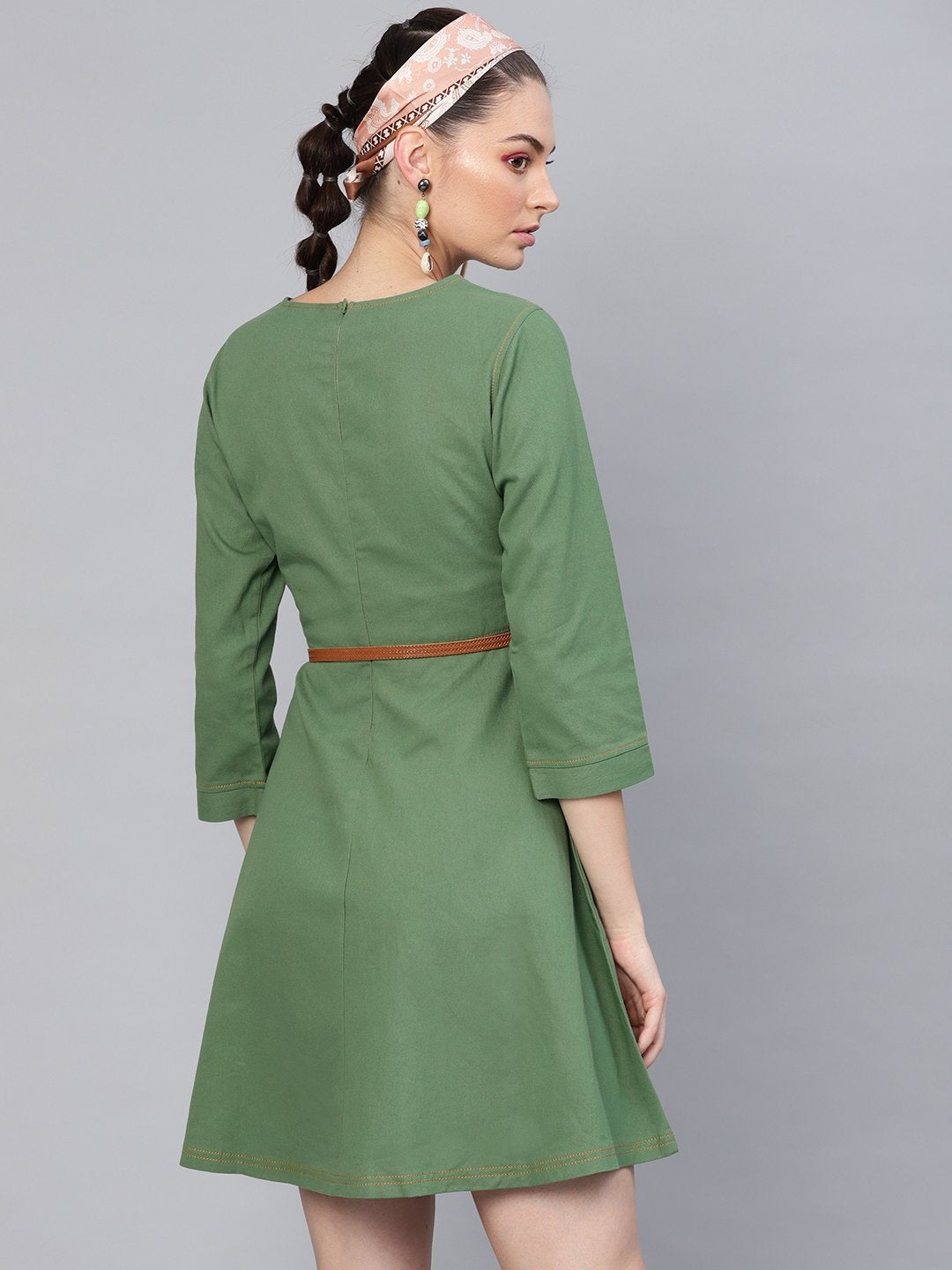 Women's Olive Denim Belted Skater Dress