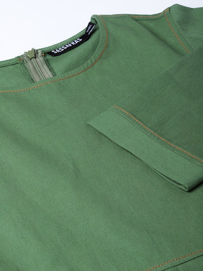 Women's Olive Denim Belted Skater Dress