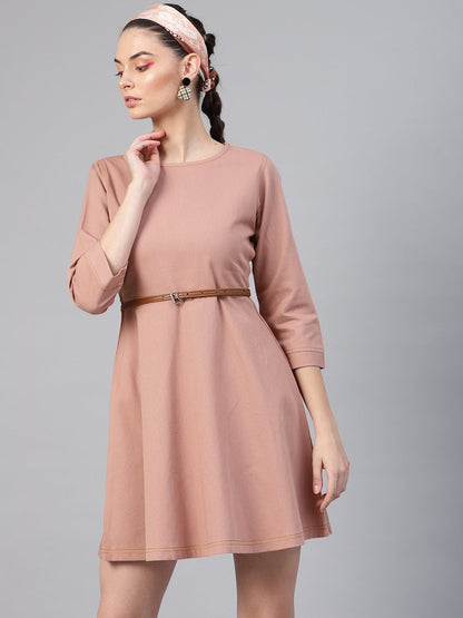 Women's Pink Denim Belted Skater Dress